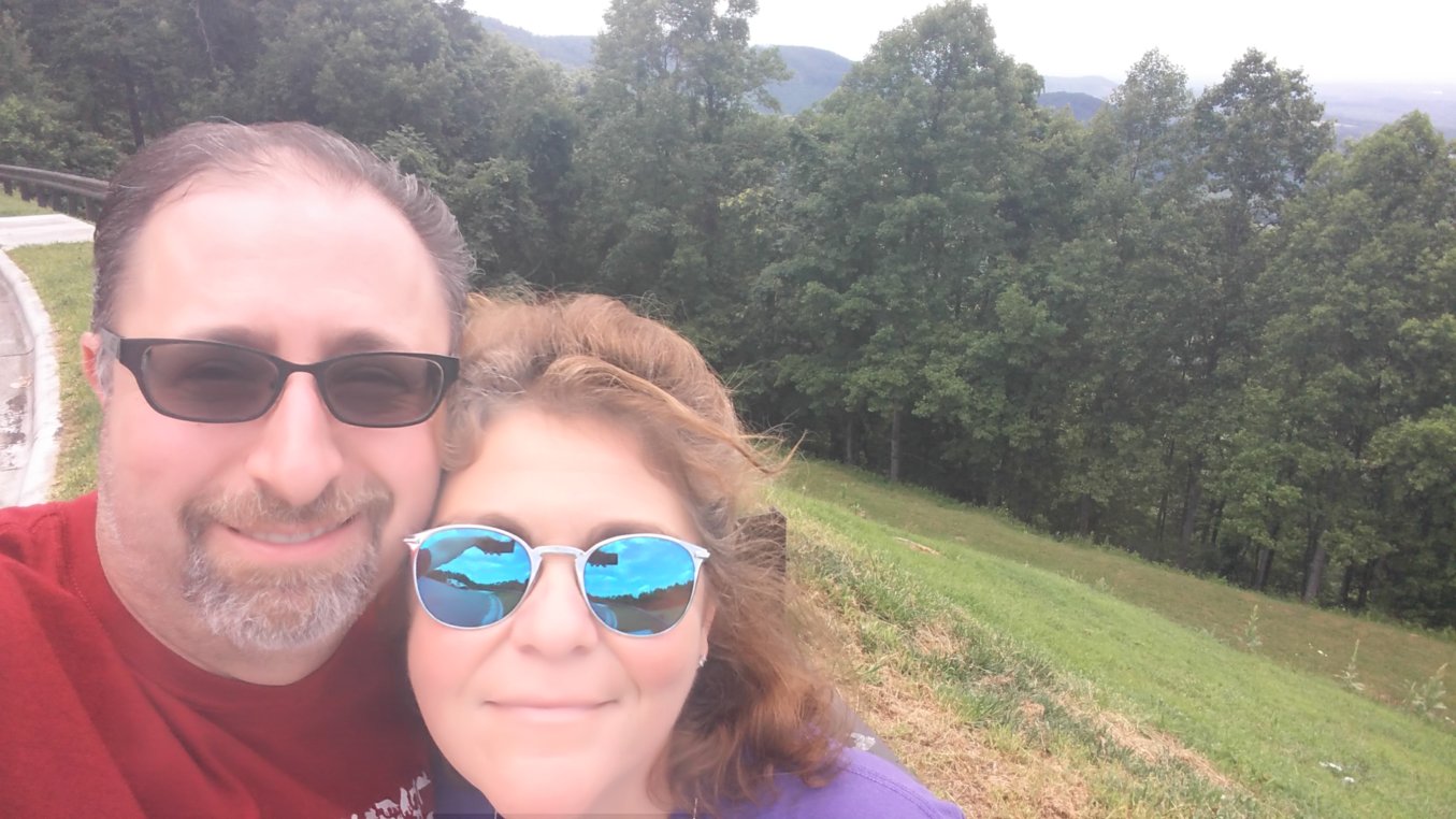 Selfie at the scenic overlook (while we waited for Rusty's breaks to cool down.)